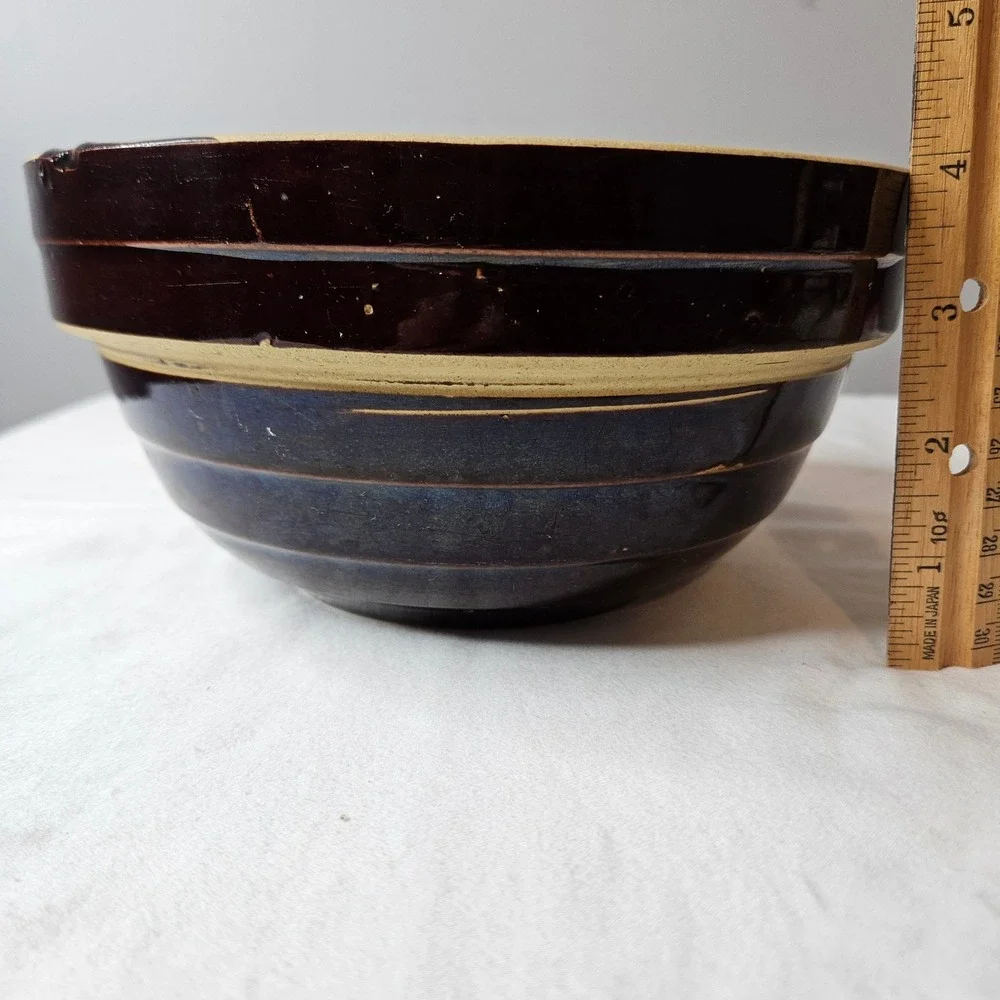 Vintage‎ USA 8 Inch Banded Stoneware Mixing Bowl Brown Blue Tan Ribbed Pottery